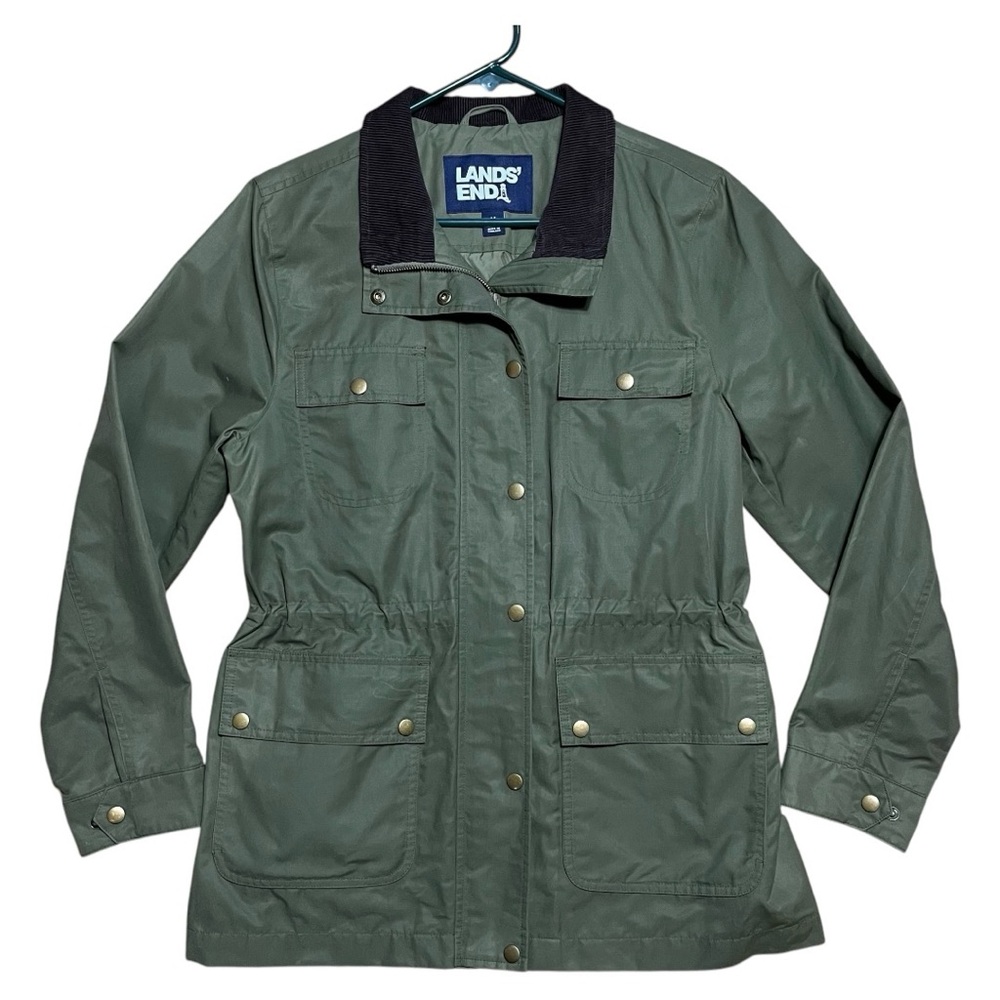 Land’s End Wm’s Waxed Cotton Corduroy Trim Utility Chore Jacket NWOT Khaki Sz M